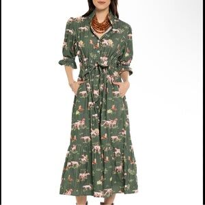NEW Holly Shae dogs on the hunt Bria green corduroy midi dress S/M belted
